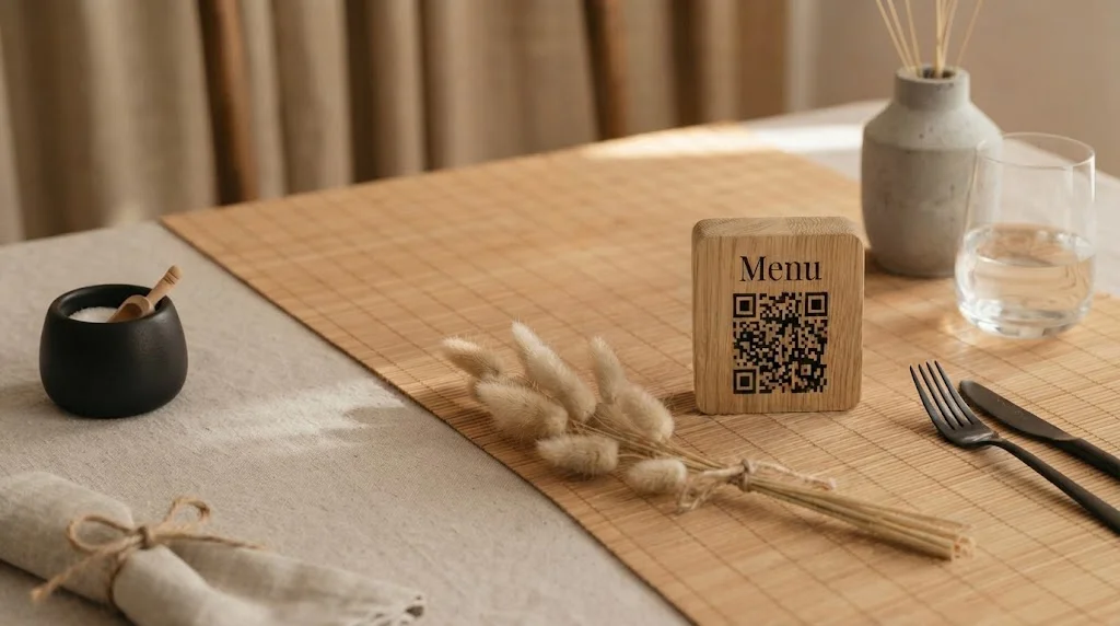 Placa QR de mesa para restaurante en madera grabada a láser, con menú digital